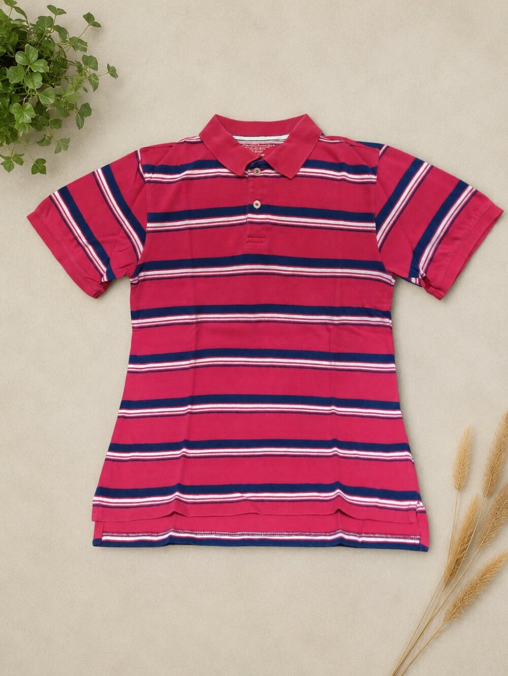 Faded Glory Raspberry Pink Striped Polo Shirt